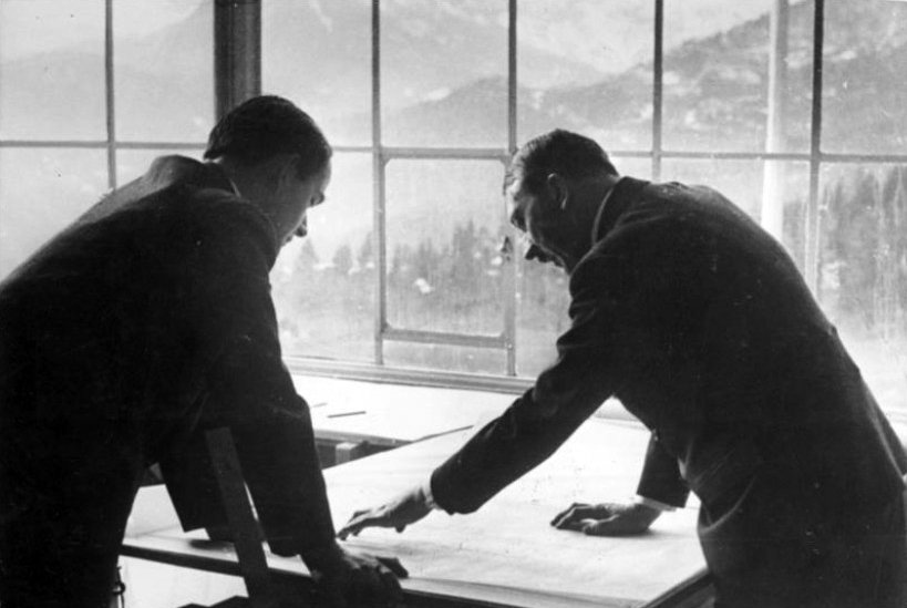 Adolf Hitler and Albert Speer working on architectural plans in Bechstein house on the Obersalzberg 